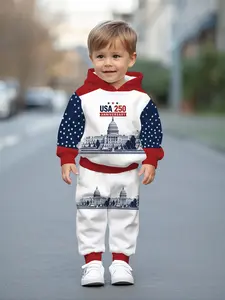 Digital printed hooded sweatshirt sets for baby boys featuring red, blue and white color-blocked building silhouette patterns. Casual and comfortable, perfect for daily wear and outings, a trendy and versatile gift choice for little boys.