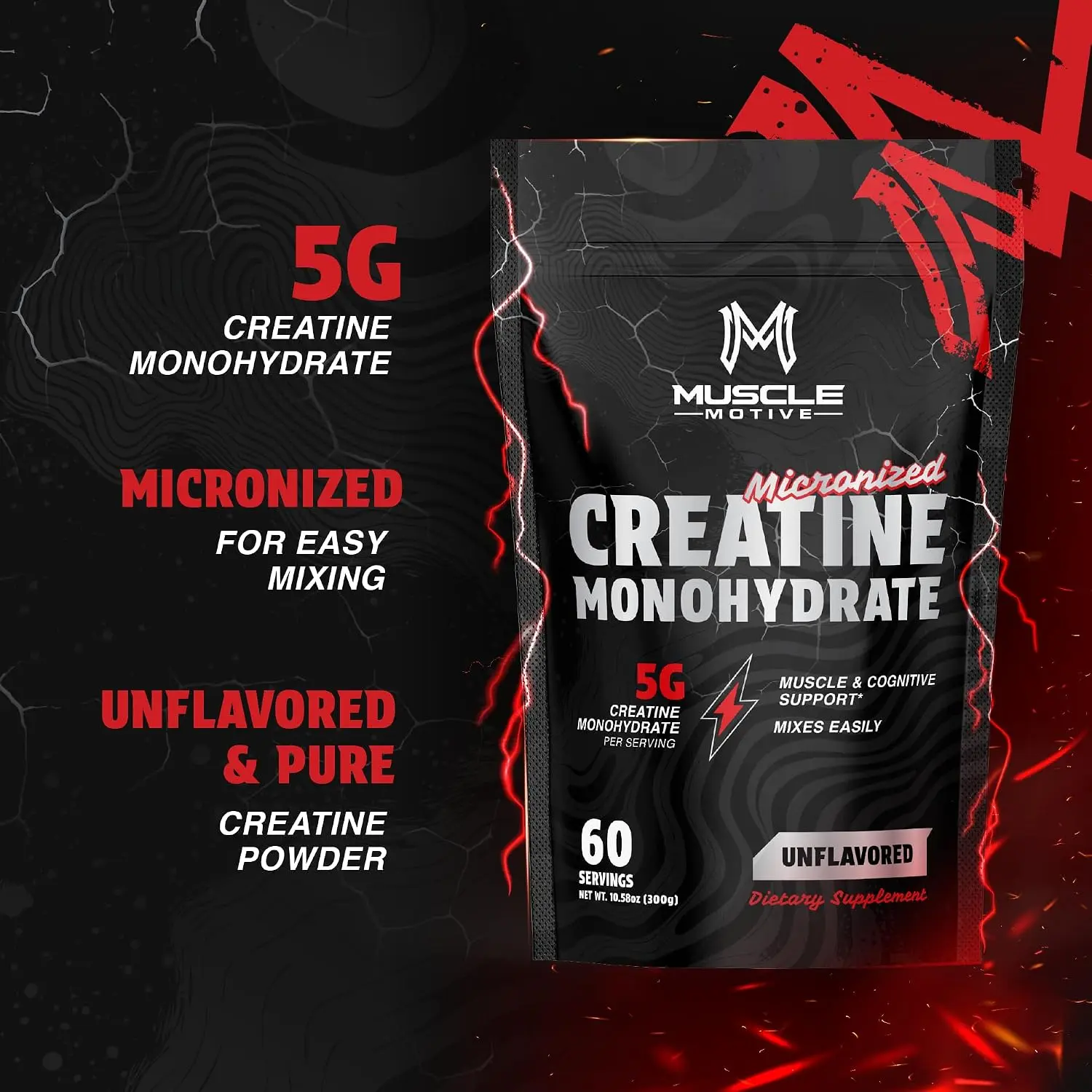 Creatine Monohydrate Powder, Unflavored, 300g | Micronized, 5g Per Serving, 60 Servings, For Men