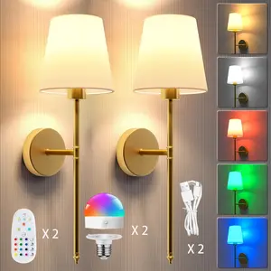 Battery Operated Wall Sconce: Set of 2 Wireless Wall Lights with 2000mAh Dimmable Bulbs and Remote for Bedroom - Rechargeable Gold Wall Lamp for Living Room Hallway