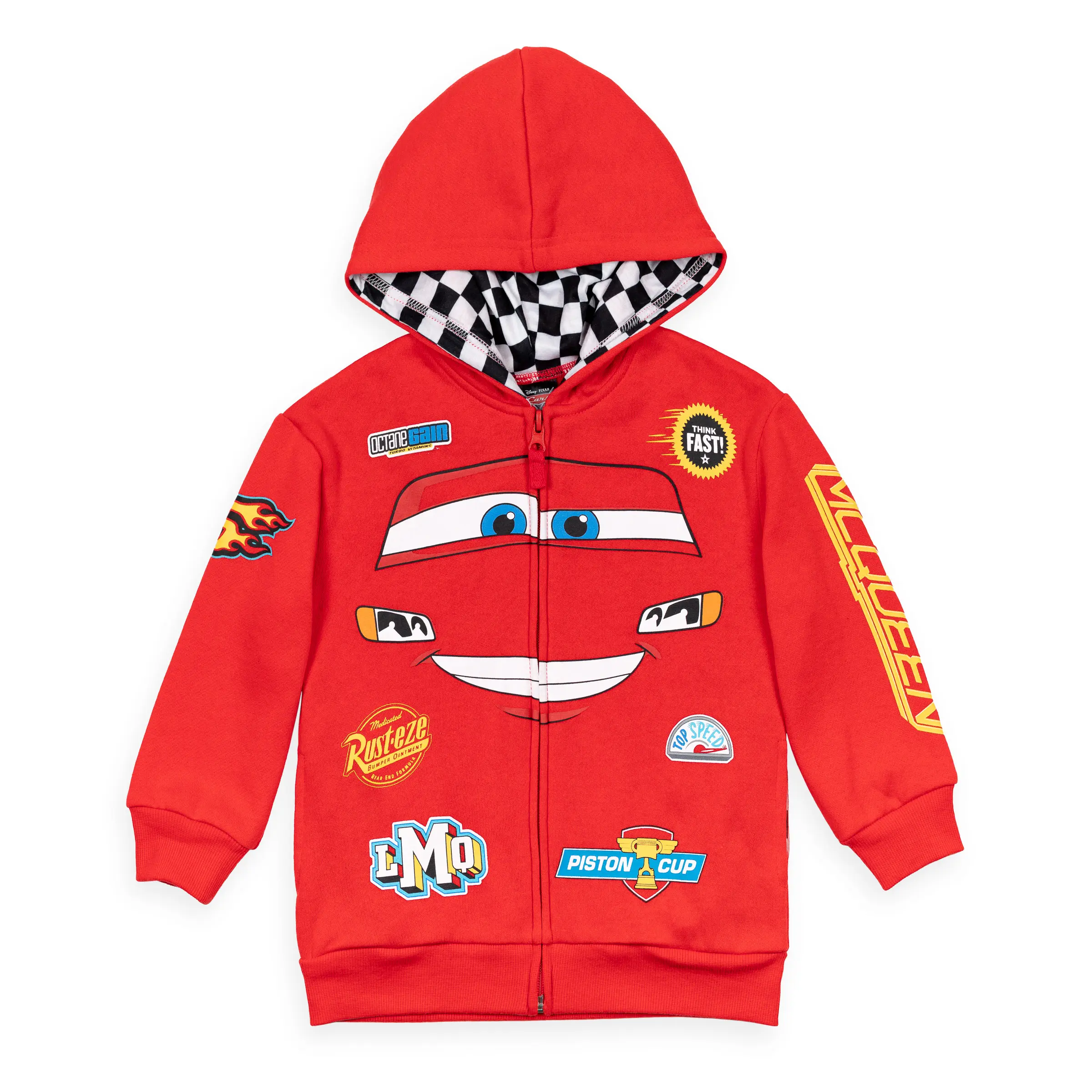 Disney Cars Lightning McQueen Boys' Fleece Racing Jacket, Zip-Up Hoodie with Checkerboard Hood, Toddler to Big Kid, Cars Movie, 260 Gsm Cotton-Blend Fleece, 3T, Toddler Sizes, Side Pockets