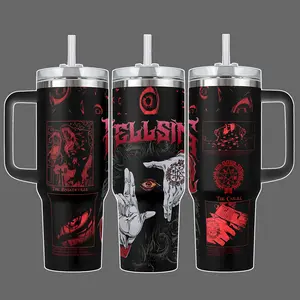 Alucard Hellsing Stainless Steel Insulated Travel Tumbler With Handle 20oz 40oz Vampire Occult Crimson Eyes Anime Wrap Design