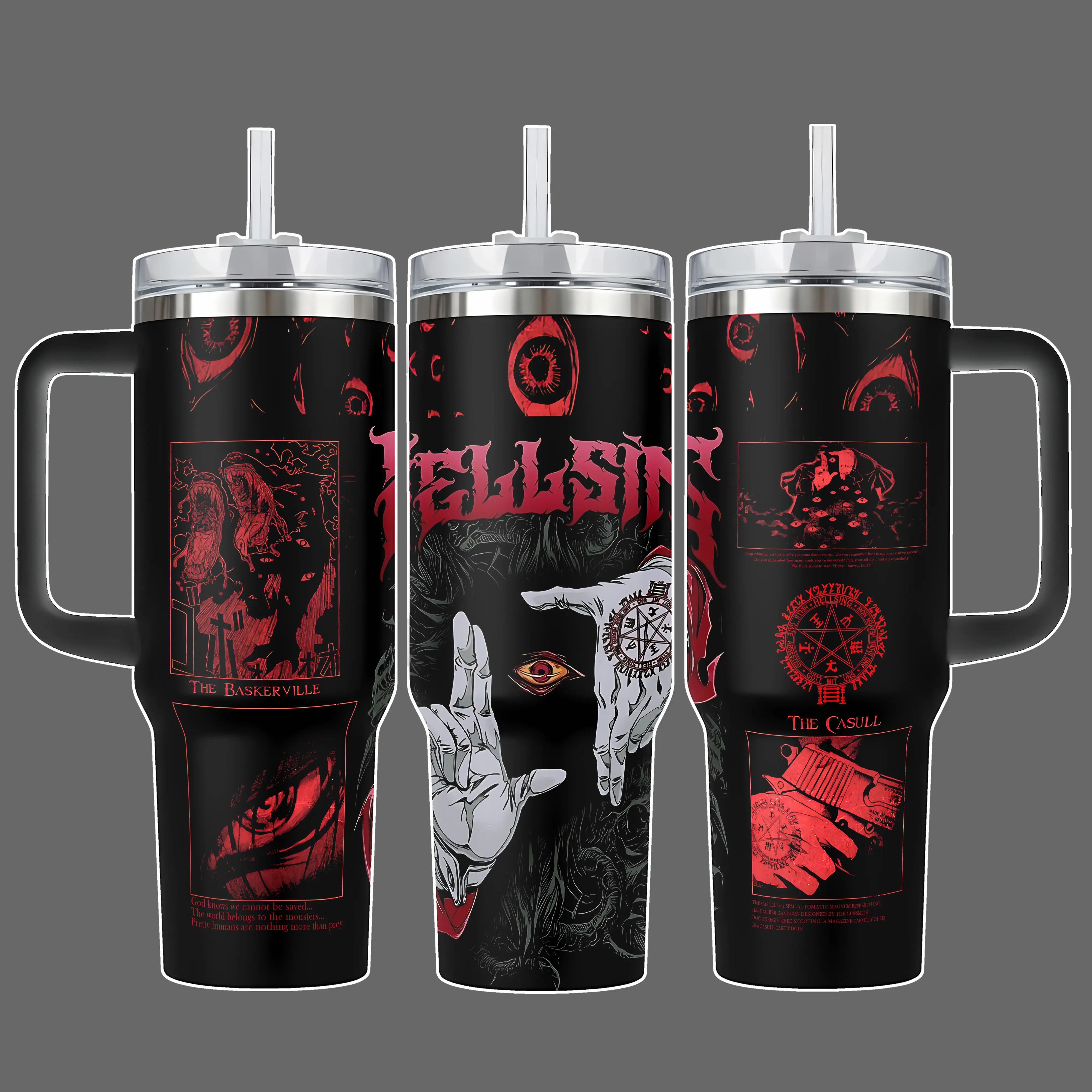 Alucard Hellsing Stainless Steel Insulated Travel Tumbler With Handle 20oz 40oz Vampire Occult Crimson Eyes Anime Wrap Design