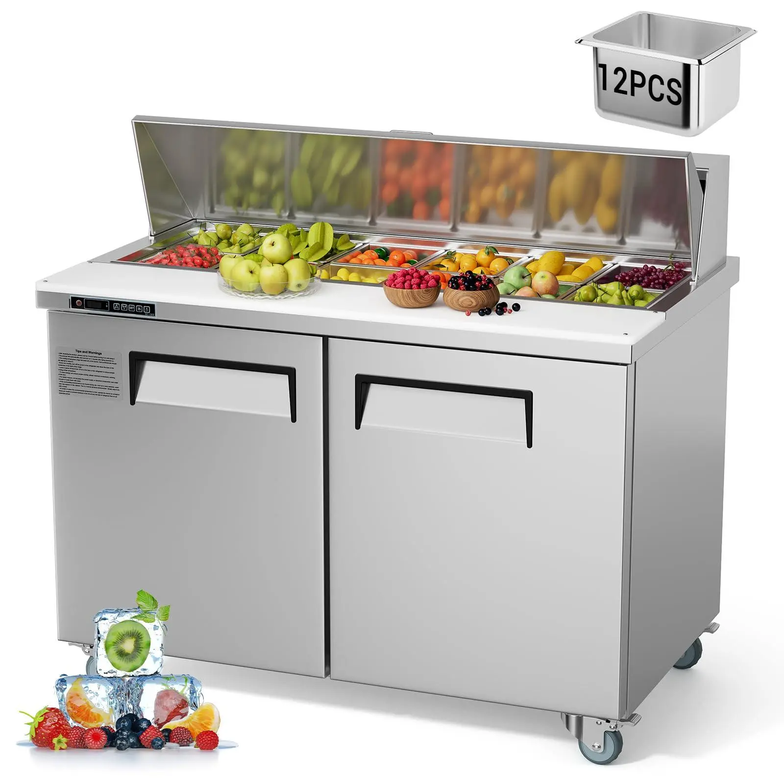 GAOMON 48 in Refrigerator Sandwich/Salad Prep Table Refrigerator,12.85 cu. ft W 2 Door Commercial Stainless Steel Counter Food Prep Station Cooler Refrigerator,12 pans,for Restaurant, Bar, Shop
