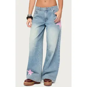 Edikted Women's Trish Satin Effect Stars Low Rise Jeans