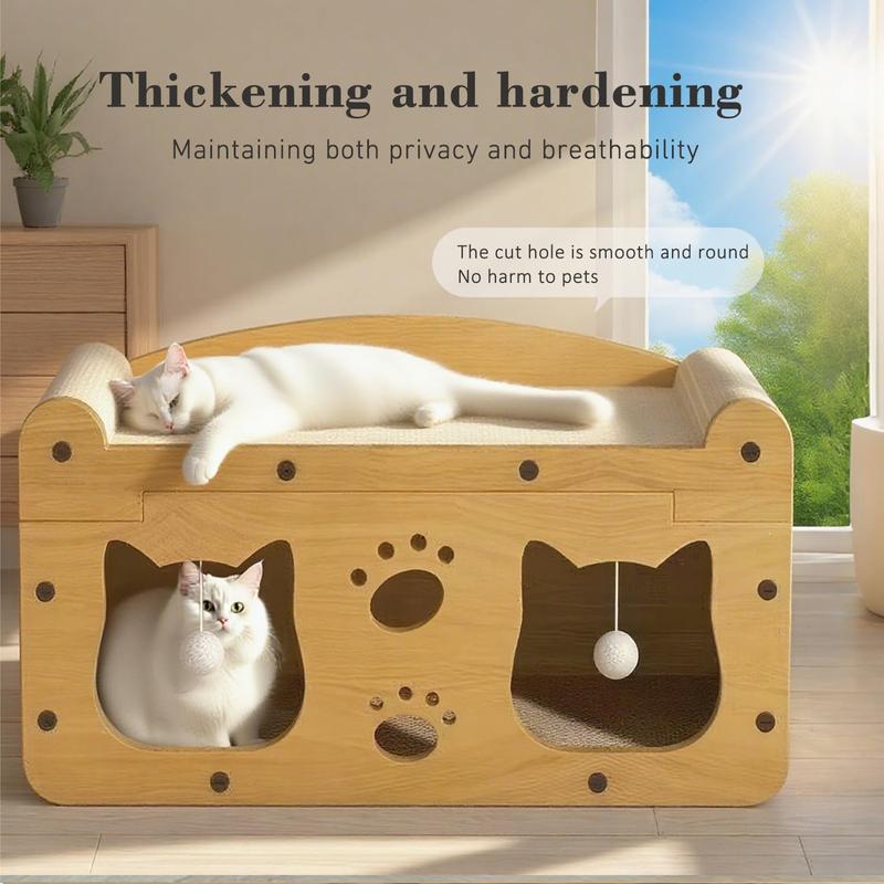 Durable Multi-Functional Cat House Box with Scratching Bed, 3-In-1 Play House With Hideout Caves and Hanging Ball Toys for Cat/Kitty