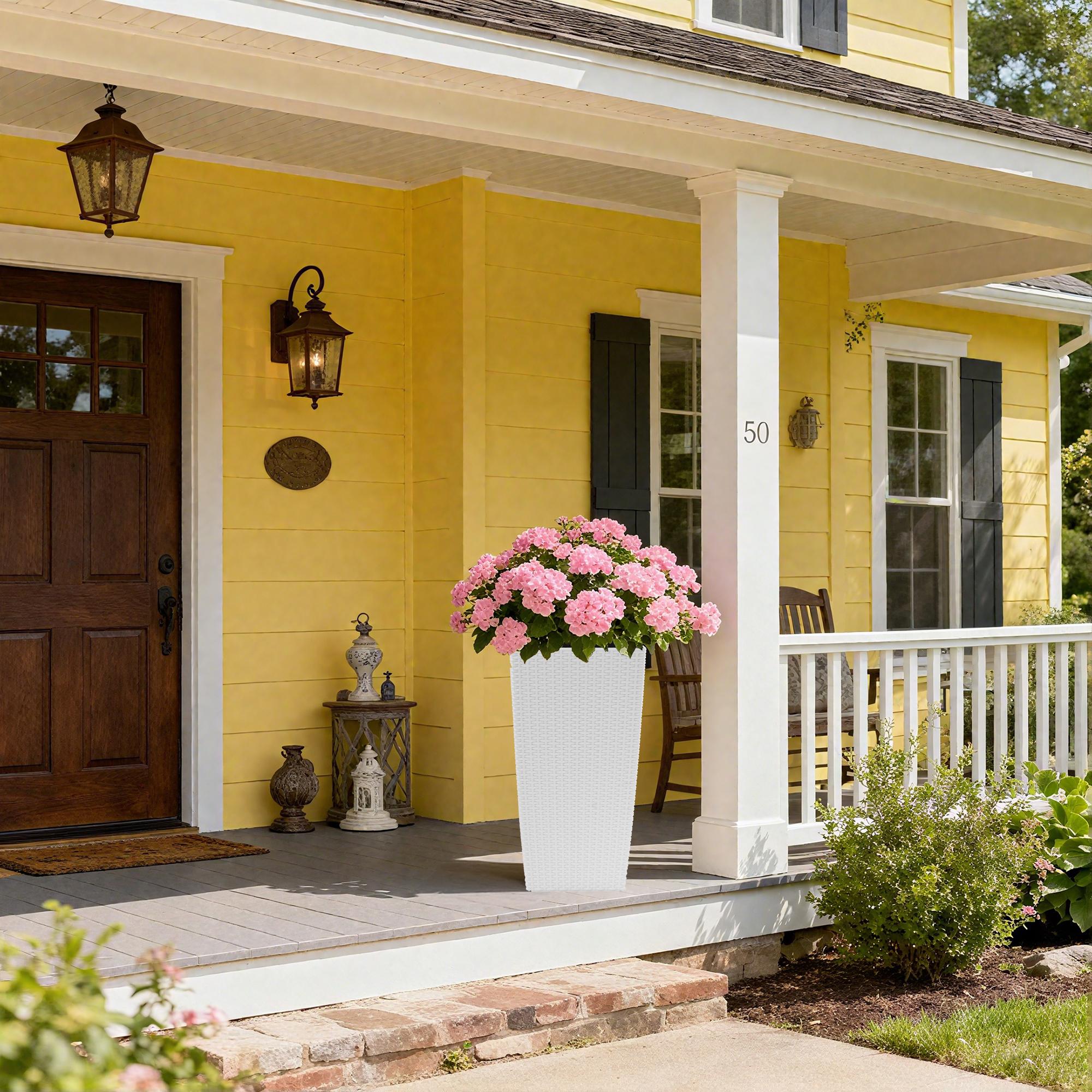 22 Inch High Pack of 2 Large Square Faux Rattan Planters, Self-Watering Flower Pots with Automatic Watering System & Drainage, Modern White Decorative Planter for Indoor Outdoor Use, Perfect for Porch, Patio, Backyard, Garden