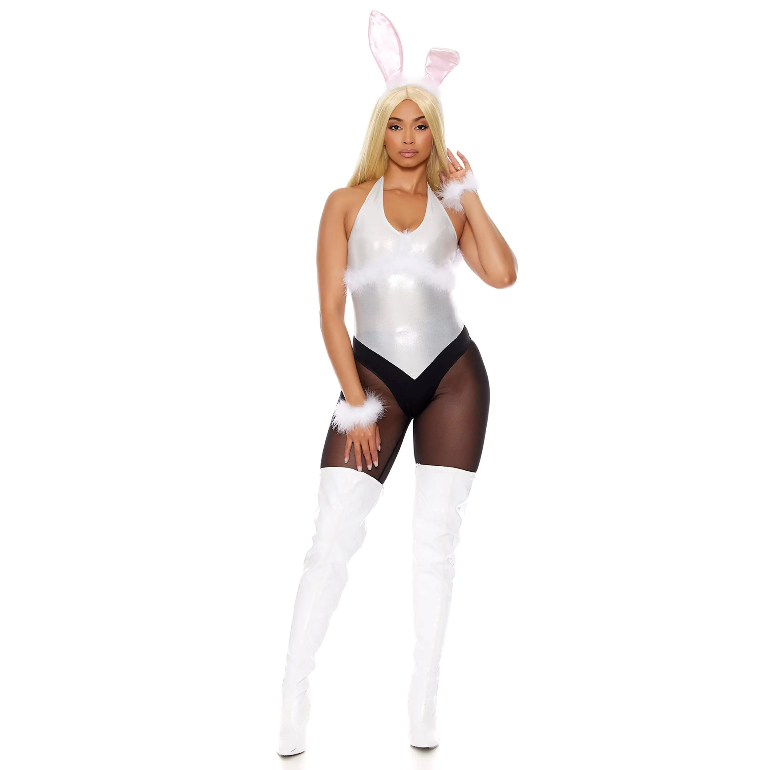 Women's Mean Girl Playboy Bunny Halloween Costume, Women's Special Clothing Clothes with Mesh Stockings & Ear Accessories