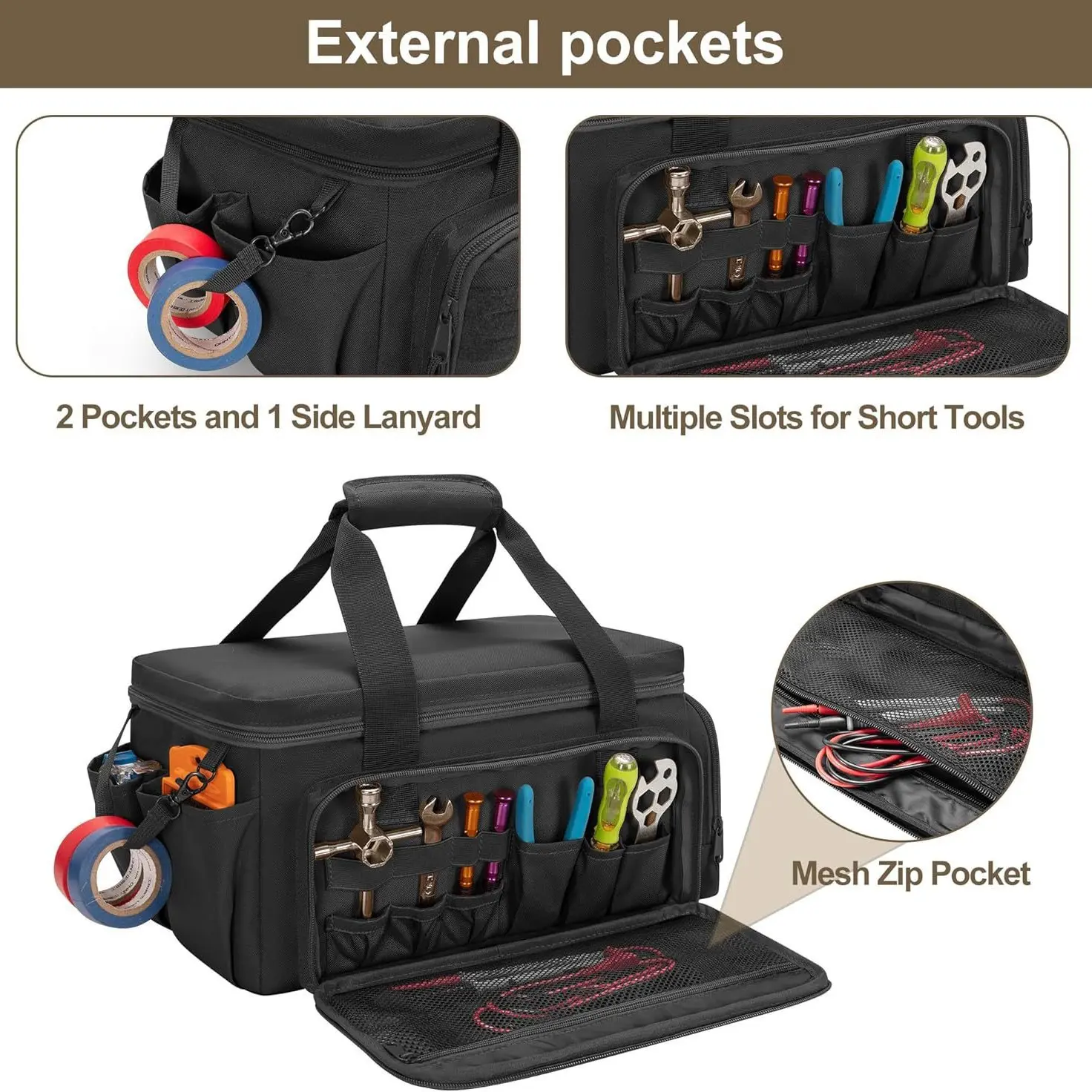 Polyester Multi-Pocket Tool Storage Bag with Zipper Pockets and Carry Handle, Hand-Held Multi-Purpose Home Organizer for Maintenance Workers, Ideal for Outdoor Use