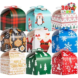 JOYIN 36 PCS Christmas Goody Gift Boxes with Bow, Folding Candy Box, Paper Treat Cookie Boxes for Christmas Xmas Holiday Wedding Decoration, Kids' School Classrooms Party Favors