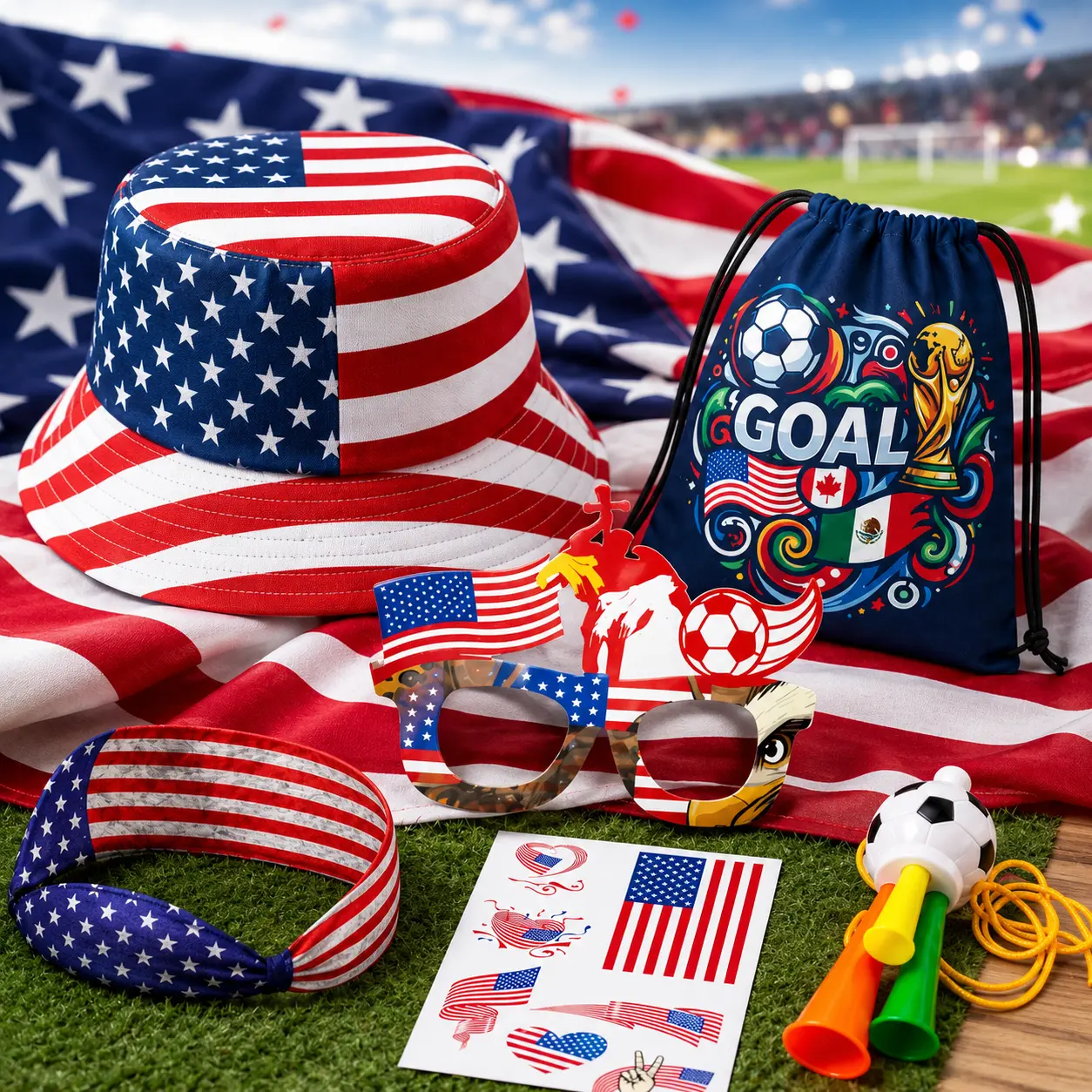 [USA's home stadium atmosphere]-7PCS USA Soccer Fan Accessories Set, American Flag Game Day Party Kit with Bucket Hat Sunglasses Headband Flag Tattoos Cheer Horn, Red White Blue Patriotic Sports Party Supplies