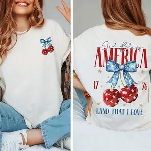 God Bless America Tee | Patriotic Cherry Coquette Double-Sided Tee,Retro Patriotic Cherry Bow Oversized Tee,Land That I Love | 1776 Patriotic Cherry Double-Sided Top