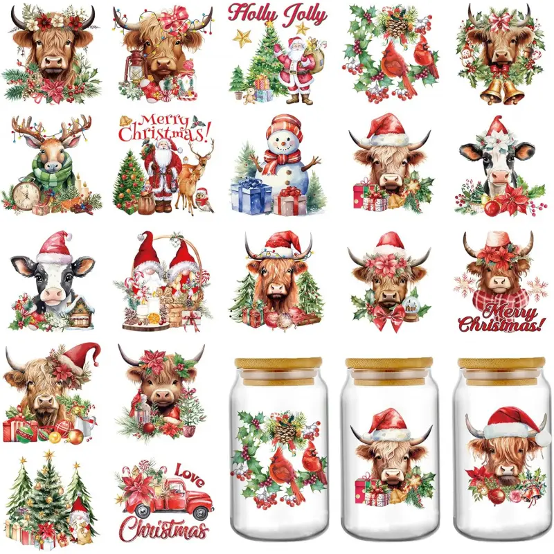 Christmas UV DTF Cup Wraps - 20 Sheets Farm Highland Cow Uvdtf Tumbler Wrap for 16 oz Glass Coffee Cups, Cute Snowman Transfer Sticker DIY Water Bottle Mug Phone Case Decoration Gift for Women