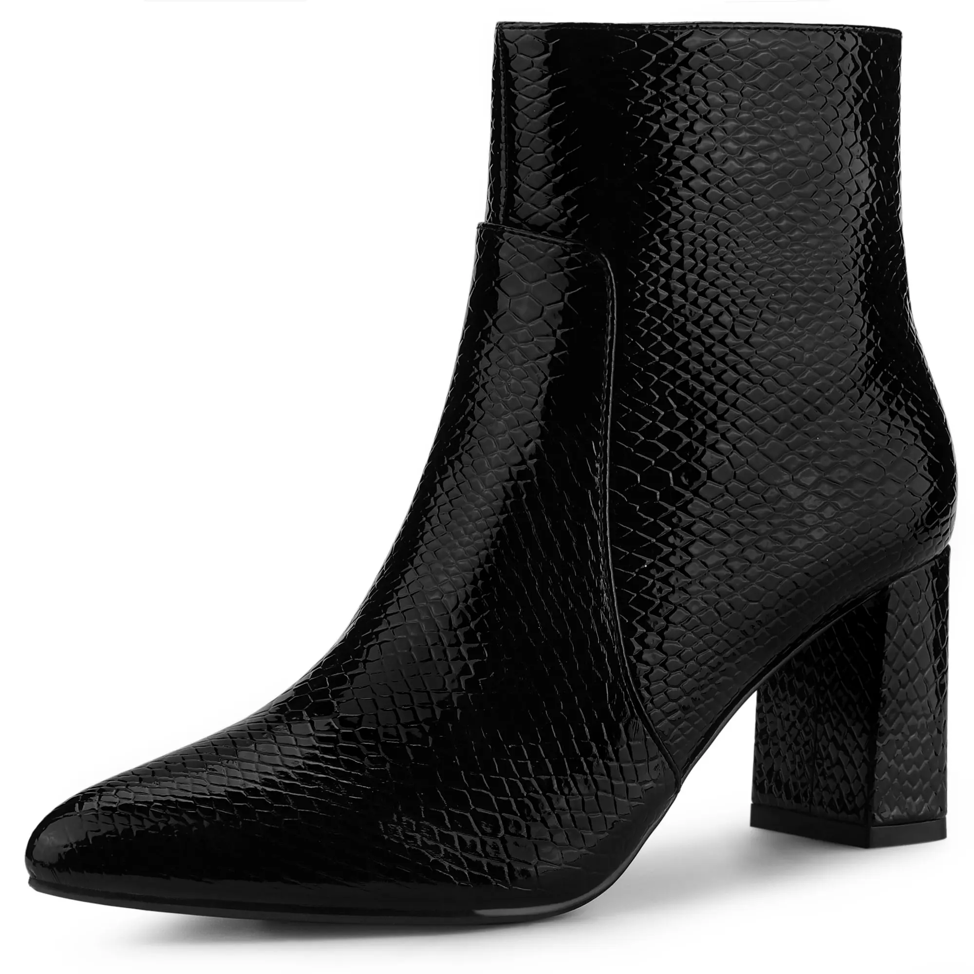 BLISSFUL STEP Snakeskin Print Boots Chunky High Heels Ankle Boots
