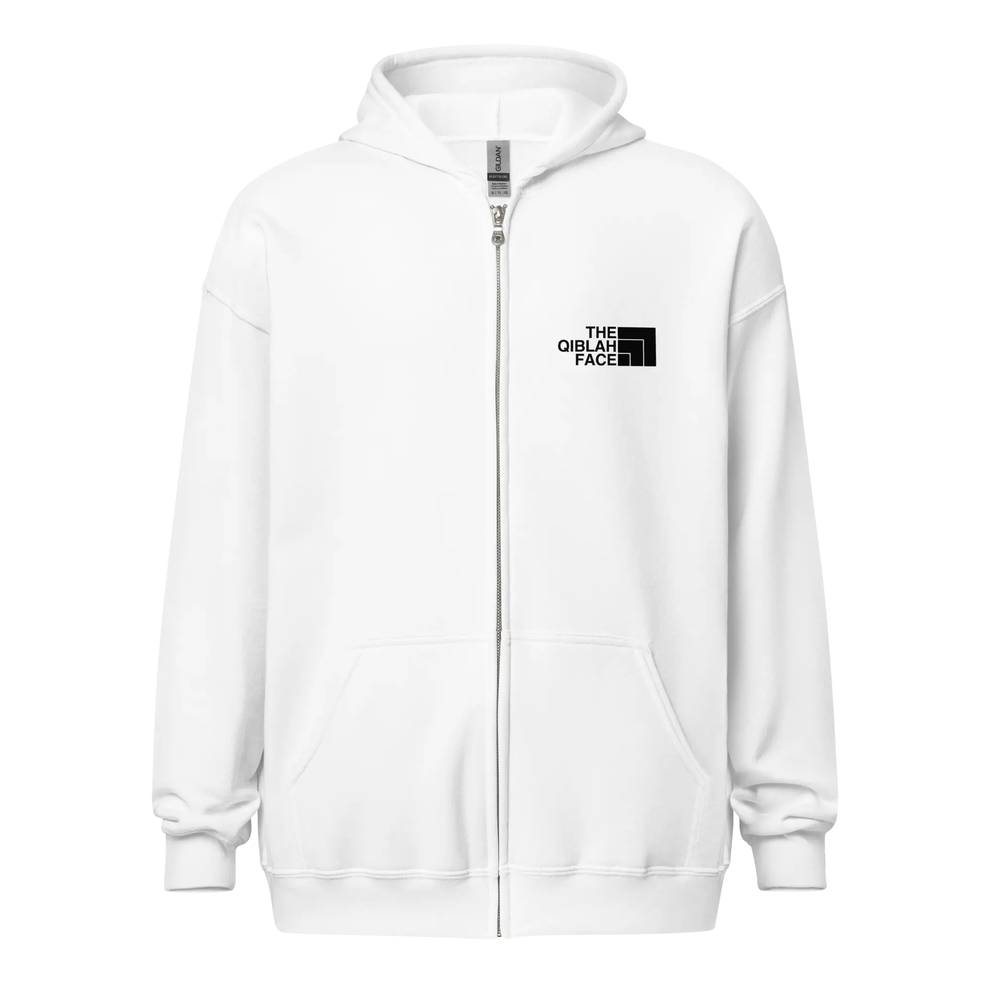 HOODIE Zip Heavy Blend (Adult) - THE QIBLAH FACE (Left Chest) w/ LOGO (Back) - Black