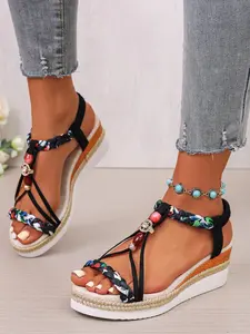 Boho Style Colorful Beaded Wedge Sandals for Women, Bohemian Style Adjustable Sandals, Woven Jute Rope Thick Sole Open Toe Shoes, Vacation Versatile Female Footwear