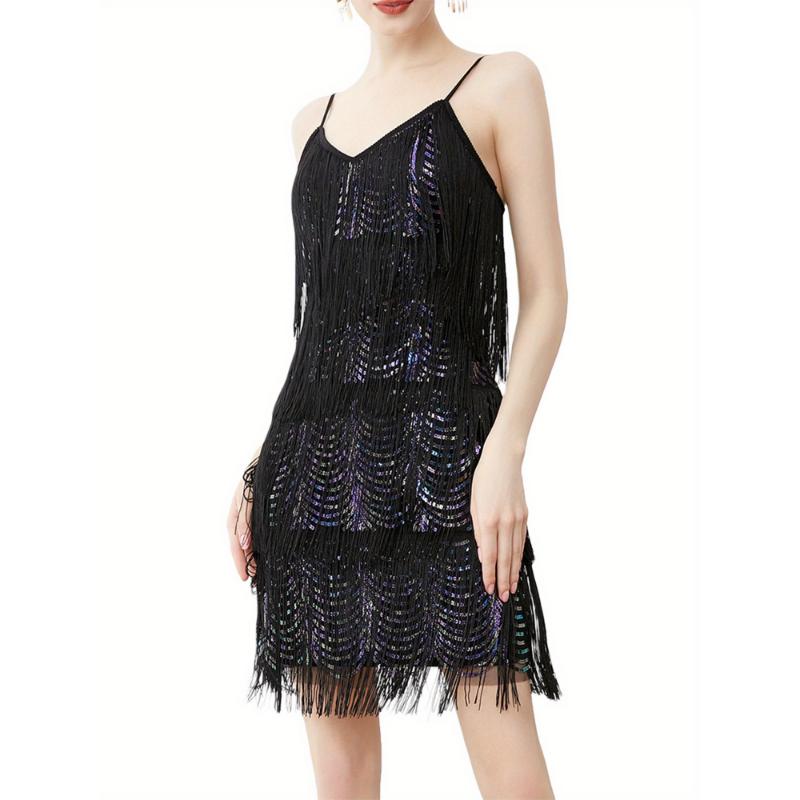 Women Sling Dress, Sleeveless Off Shoulder V Neck Tassels Casual Party Summer Dress Fabric Fit Womenswear Spandex Black Formal