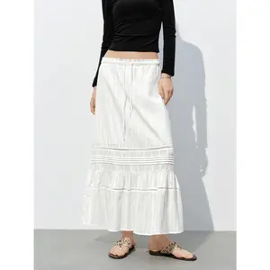 URBAN REVIVO 2026 Spring New Thin Women's A-Line Lace Layered Midi Length Skirt, Balletcore Cotton Fabric with Patchwork Lace Trim, Textured Bottom, UYL550092, Lace Layered Skirt