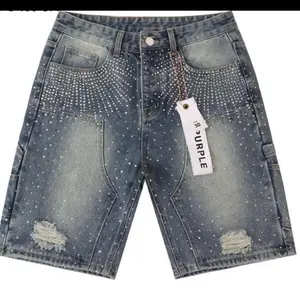 Men's Rhinestone Short Denim Jeans, Menswear Streetwear Clothes for Casual Wear