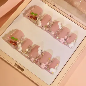 DiDazzle 10 PCS Handmade Duckbill Press - on Nails | CherryCloudGlam with Acrylic 3D Cherries, Cloud Accents & Rhinestone Details