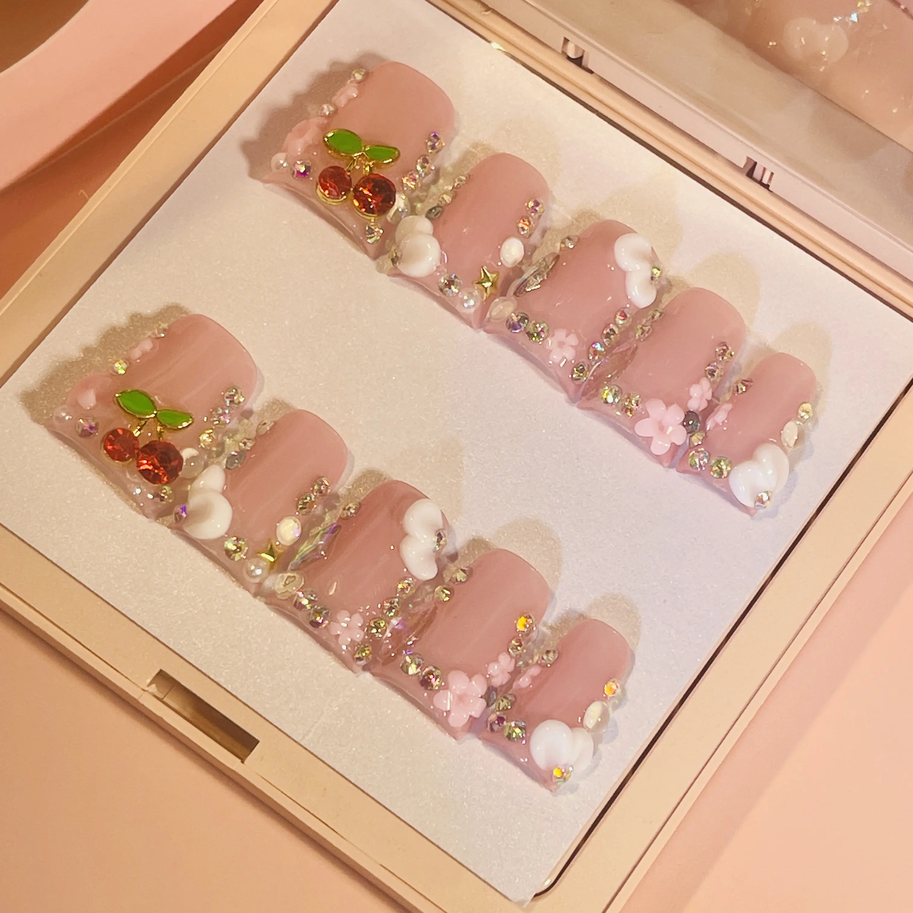 Duckbill Press-on Nails, 10-Piece Sparkly Acrylic Nail Kit with 3D Cherry, Cloud & Rhinestone Accents, Nail Press On Nails, Handmade Press On Nails