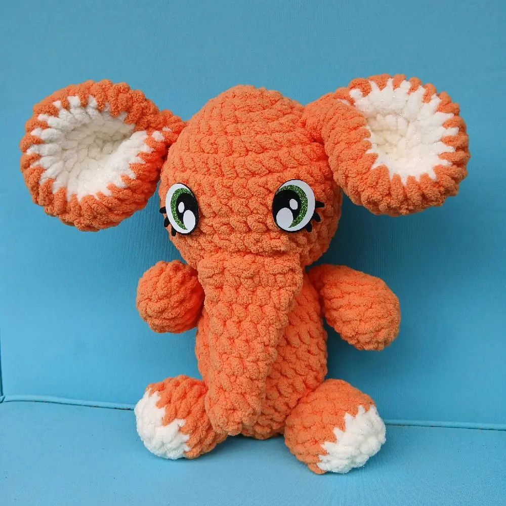 Elephant Ingo - Orange Plush Toy with White Ears and Green Eyes for Kids Handmade Crochet 11 Inches Soft Cuddly Poly Fiber Filled Gift