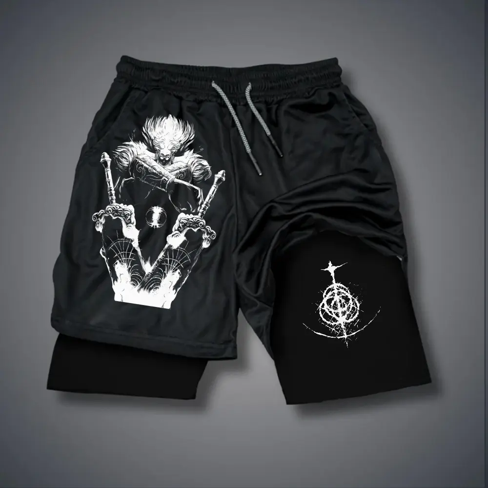 Men's Double-Layer Graphic Shorts - Black, Camo, Video Games Print - Streetwear, Vacation Outfits