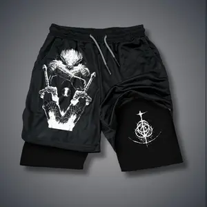 Men's Double-Layer Graphic Shorts - Black, Camo, Video Games Print - Streetwear, Vacation Outfits