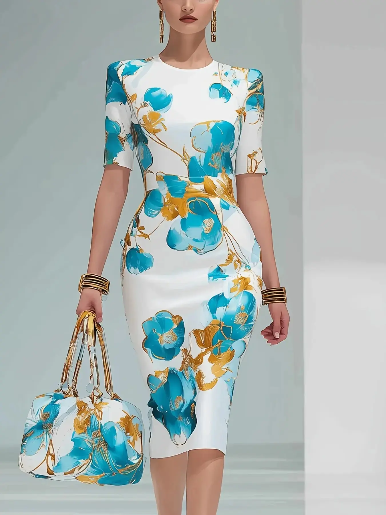 Elegant Floral Print Round Neck Short Sleeve Midi Dress, Women's Slim Fit Medium-Length Dress, Stylish, Chic and Comfortable Daily Wear