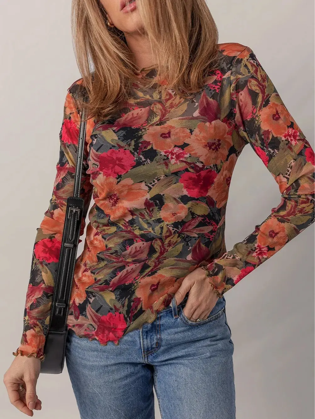 Women's Y2K Multicolor Floral Mesh Top - Long Sleeve Lettuce Trim Sheer Layering Blouse