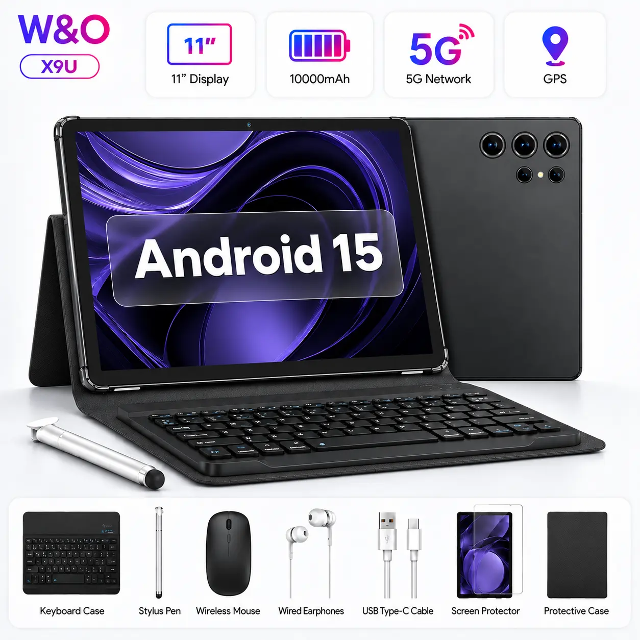 【tiktokshopbacktoschool】W&O X9U 2026 Android 15 Tablet, 11" Screen,,10000mAh Battery, 5G WiFi, GPS, Type-C, Keyboard Mouse Stylus Bundle, Ideal for Work, Study, Streaming & Tech Deals