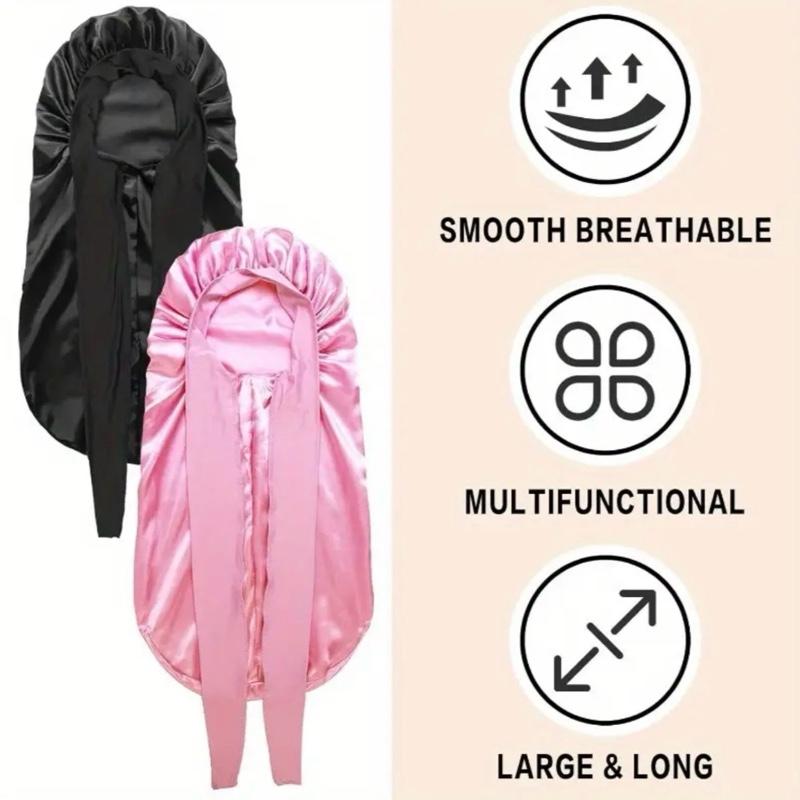 Silk 2pcs Long Hair Bonnets for Sleeping - High-Quality Satin Material with Soft Feel for Comfortable Sleepwear Haircare Black+ Pink Heatless