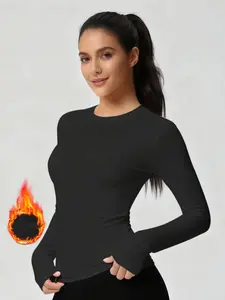 Women's Warm Innerwear Round Neck Long Sleeve Thermal T-Shirt, Fitted Classic Versatile Solid Color Casual Bottom Layer, Suitable for Home and Outdoor Wear