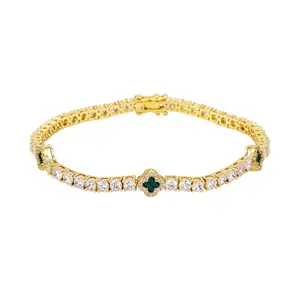 Black Clover Tennis Bracelet (Gold, 4mm) - Clover Shape, Whoop Jade, Red Polished Nickel, Hypoallergenic Jewelry, Secure Clasp, Symbolic Charm, Trendy Elegant Everyday Wear, 3-Piece Mixed Textures Costume Bracelet Friendship Gift