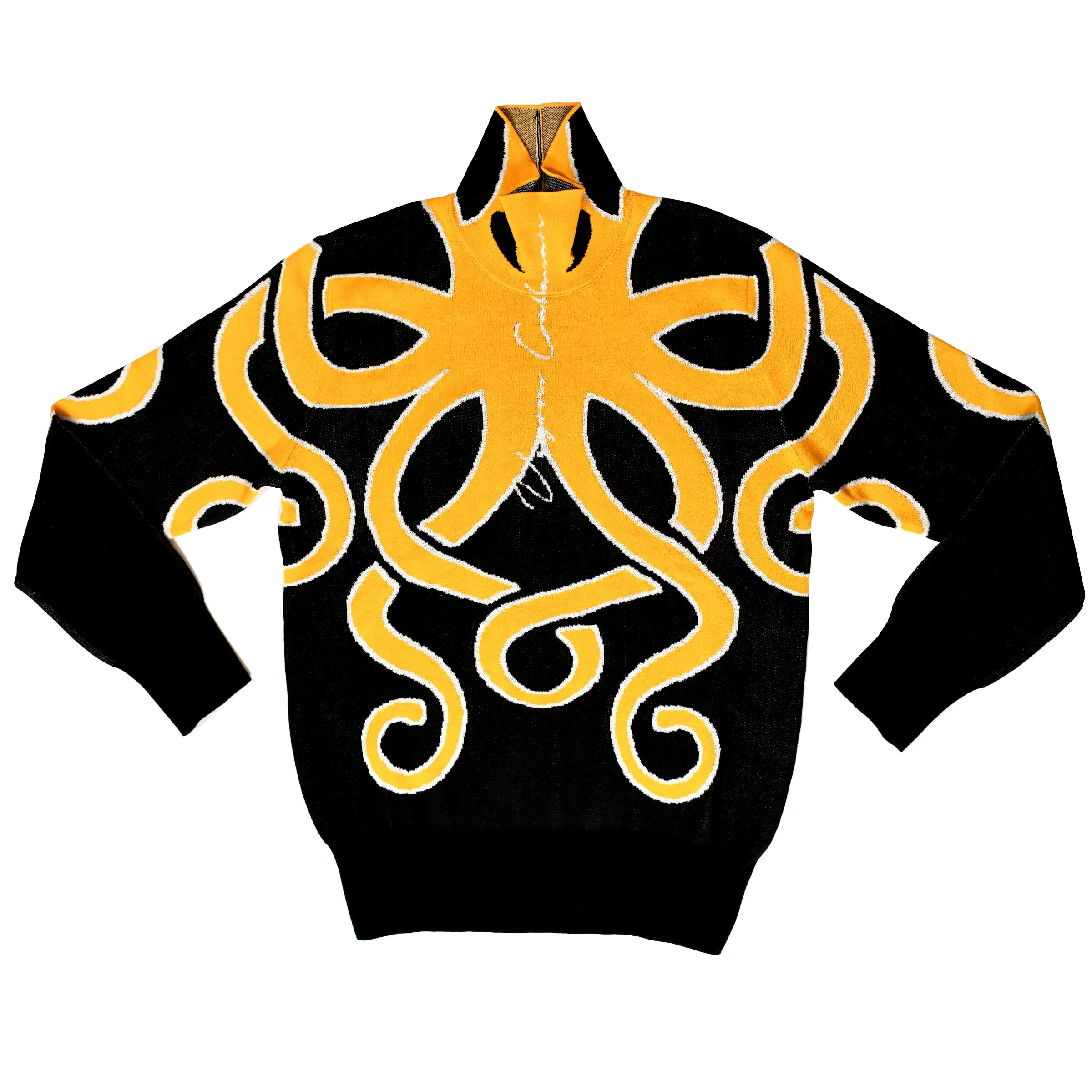 Men's Yellow Solid Knitted Squid Sweatshirt - Casual Basic, Soft Stretchy Fabric, Versatile Winter Wear, Comfortable Fit, Long-Lasting Style