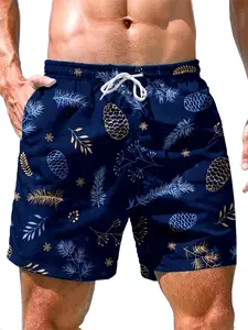 Men's Fashion Printed Beach Shorts, Blue Pineapple Pattern Casual Short Pants, Summer Outdoor Quick Dry Swim Trunks