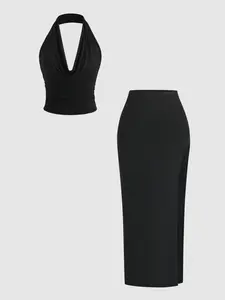 Women's Two-Piece Matching Set Sexy Casual Halter Backless Top and High Slit Midi Skirt Outfit, Womenswear, Minimalist, Perfect for Parties, Music Festivals, Beach Vacations