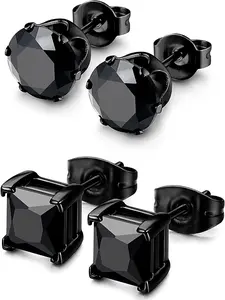 Cool 2 Pairs Black Trendy Hypoallergenic Earrings Stainless Steel Black Stud Earrings for Men Women Shining CZ Square Round CZ Earrings Studs Jewelry Set for Sensitive Ears