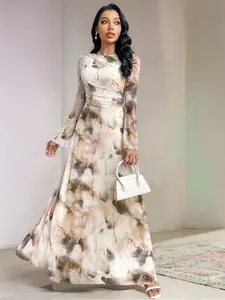Elegant Women's Tie-Dye Print Long Sleeve Round Neck Maxi Dress, Party Wear Formal Gown, Ladies Fashionable Evening Dresses, Floral Dress