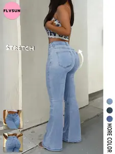 FLVSUN-Y2K Women's High Waist Flare Leg Jeans Casual Button Fly Pocket Design Bell Bottom Denim Kardashian Style 000 Jeans Fashionable Versatile for Spring Summer Autumn Winter Tchic Pants Womenswear Minimalist Basic Streetwear Trouser
