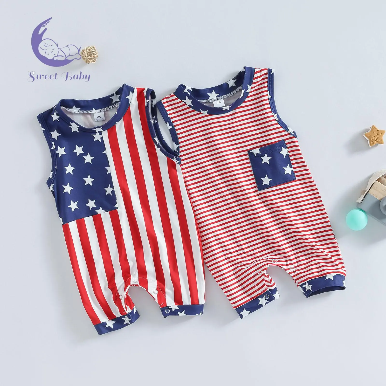Unisex Baby Star-Stripes Cotton Blend Sleeveless Bodysuit - Casual & Party Wear Short Romper Onesies, Sleeveless Onesies