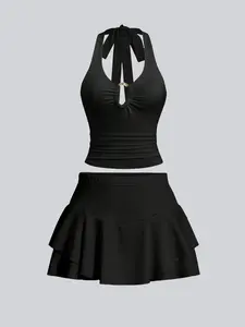 Two-Piece Set Women's Solid Cut Out Ruffled Trim Sleeveless Crop Top & Double Layer Ruffled Skirt, Elegant Fashion Casual Halter Neck Tie Back Top & Skirt for Daily Outdoor Wear, Ladies Outfits for Summer, Clothes, Chic Skirt Sets