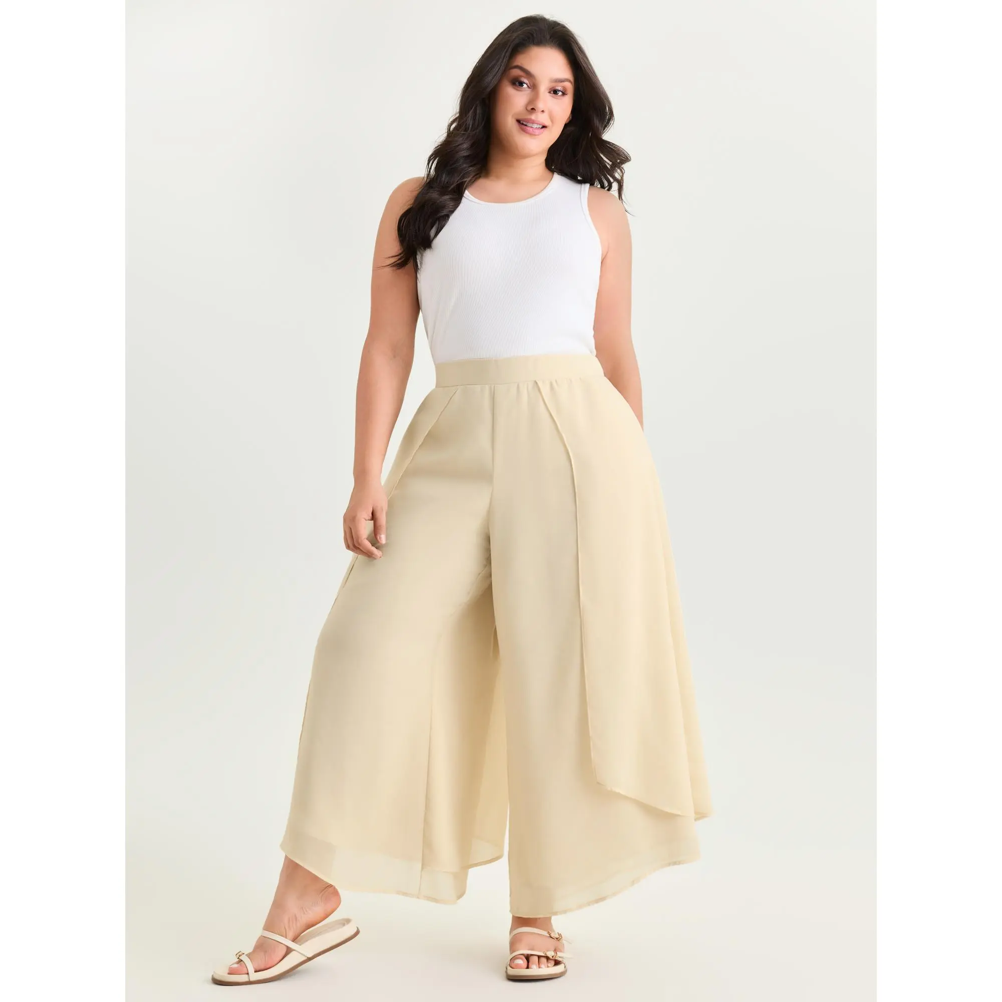 BLOOMCHIC Women's Plus Size Polyester Chiffon Pants - Stretchy Waist, Flowy Fit, Summer Garment Bottoms [M-6X], Fabric, Pocket, Cropped Pants, Lady, Mid Rise