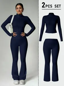 Women's Fashion Two-Piece Set, Slim Fit Long Sleeve Thumb Hole Cuffs, Zipper Front Jacket Style, High Waist Flared Pants, Fall & Winter Casual Wear