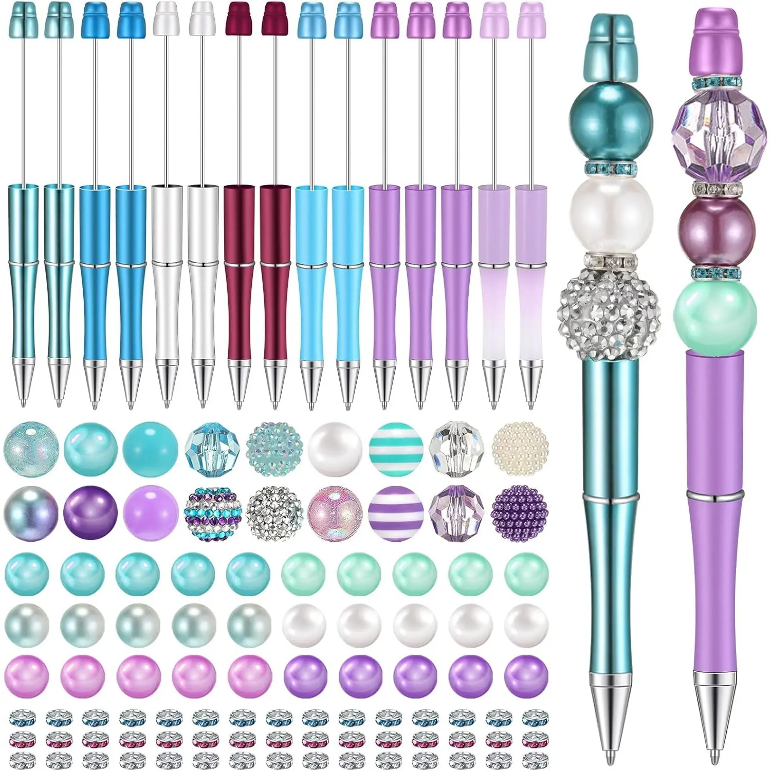 110pcs Beadable Pens set with  15pcs Beadable Pens, 50pcs Assorted Colors Beads, and 45pcs diamond spacers, DIY Accessories Kit, Office Supplies, Gifts, Beaded Pens, Unique Pens, Aesthetic Pens