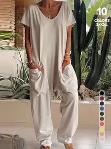 Women's Trendy Solid Color Short Sleeve V-Neck Jumpsuit - Oversized Pocket, Chic Urban Loungewear & Daily Wear