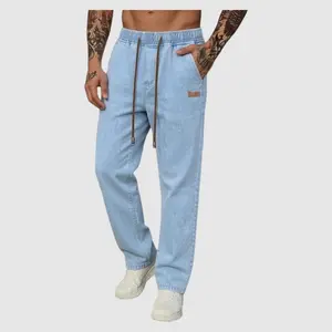 Men's Cotton Y2K Drawstring Jeans, Retro Light Blue Washed Loose Fit Denim Pants with Elastic Waist & Brown Drawstrings, Casual Streetwear Jogger Jeans for Men