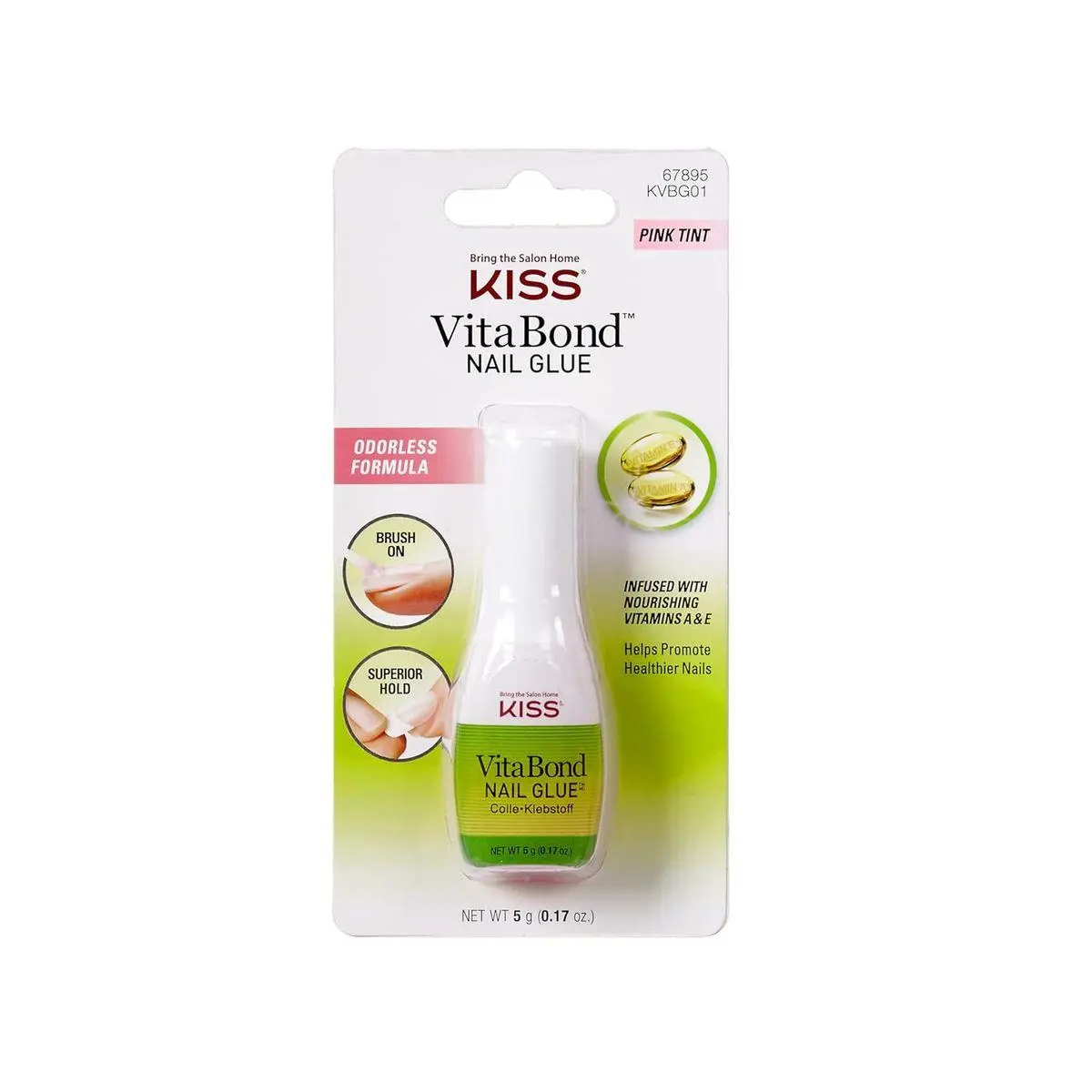 VitaBond Brush-On Nail Glue for Press On Nails, Vitamin A & E Infused, Pink Tint, Odorless, Repairs Breaks & Tears, Less Damage to Natural Nails, 5g (0.17 oz)