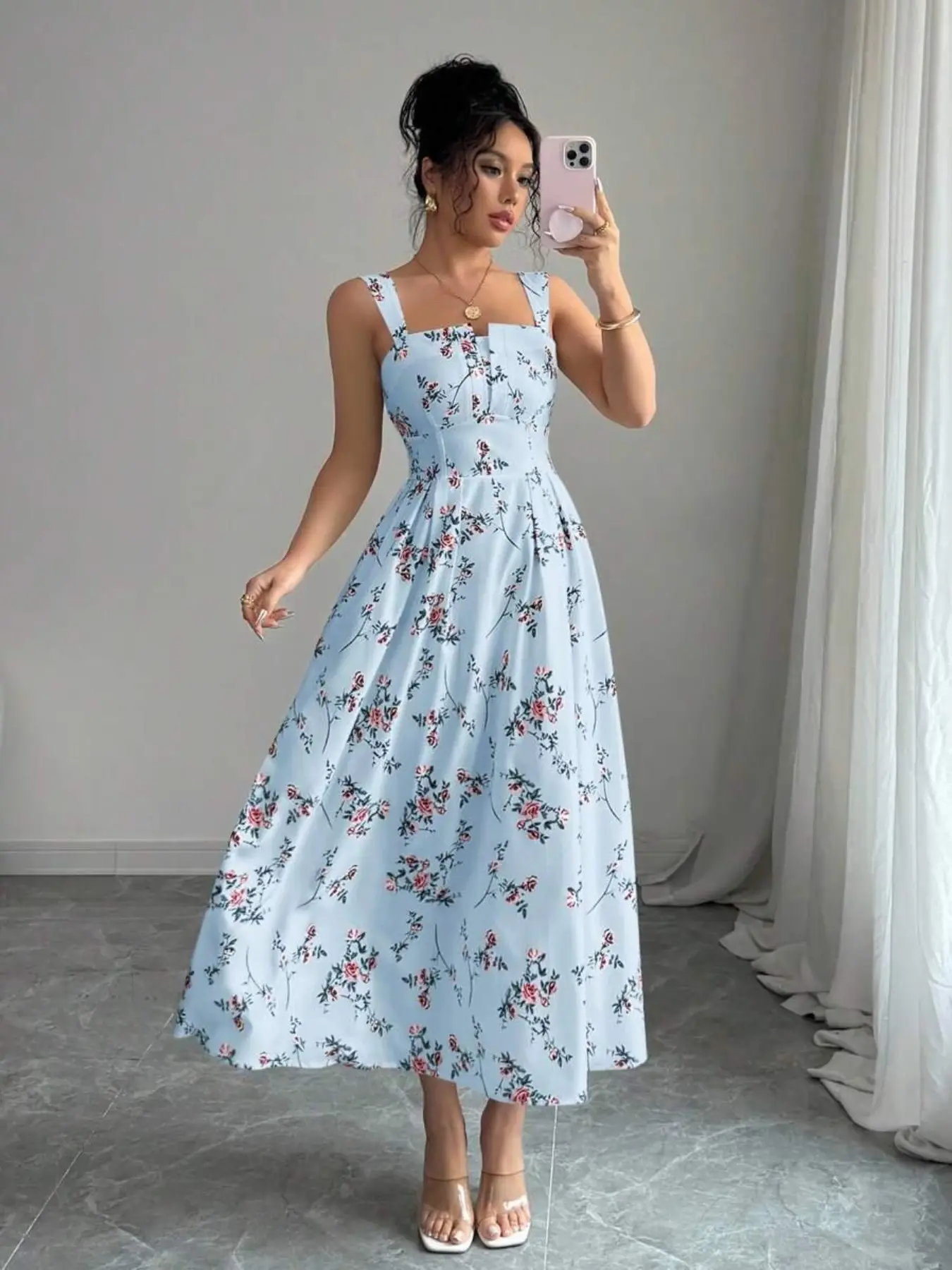 New Summer Autumn Casual French Style Floral Pattern Thin Strap Boho Long Dress, Elegant Women's Fashion Skirt, Perfect for Daily Wear