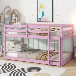 Low Bunk Bed Twin over Twin Size Loft Bed, Twin Size Floor Bunk Bed Frame with Ladder and Strengthened Slats, Solid Rubber Wood