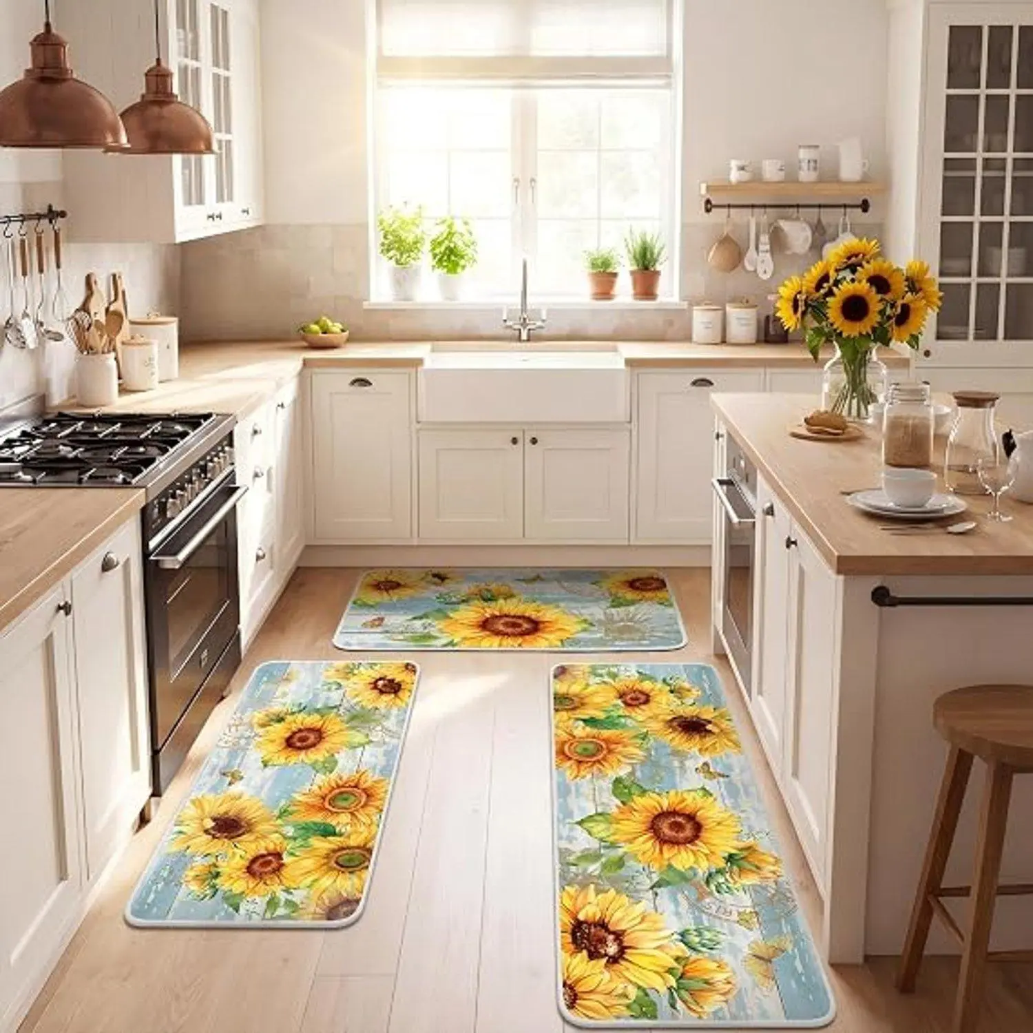 Flannel Kitchen Rug, Watercolor Sunflower Print, Non-Slip Water Absorbent Floor Mat for Kitchen Home Decor